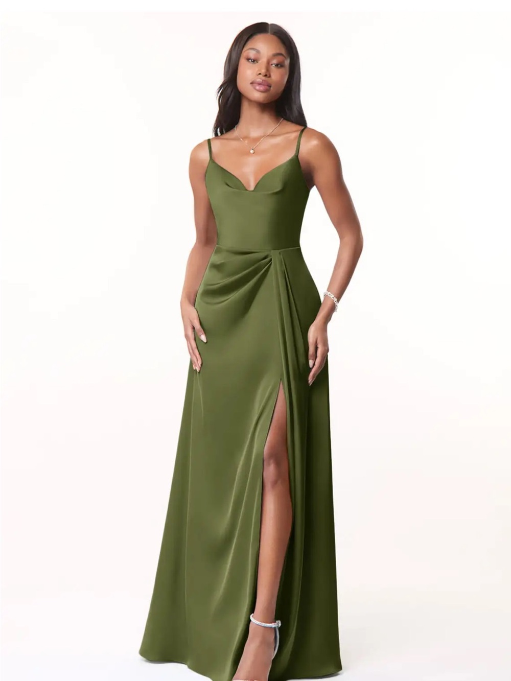 Azazie Olive Green Cowl Neck Slip Maxi Dress with Side Drape